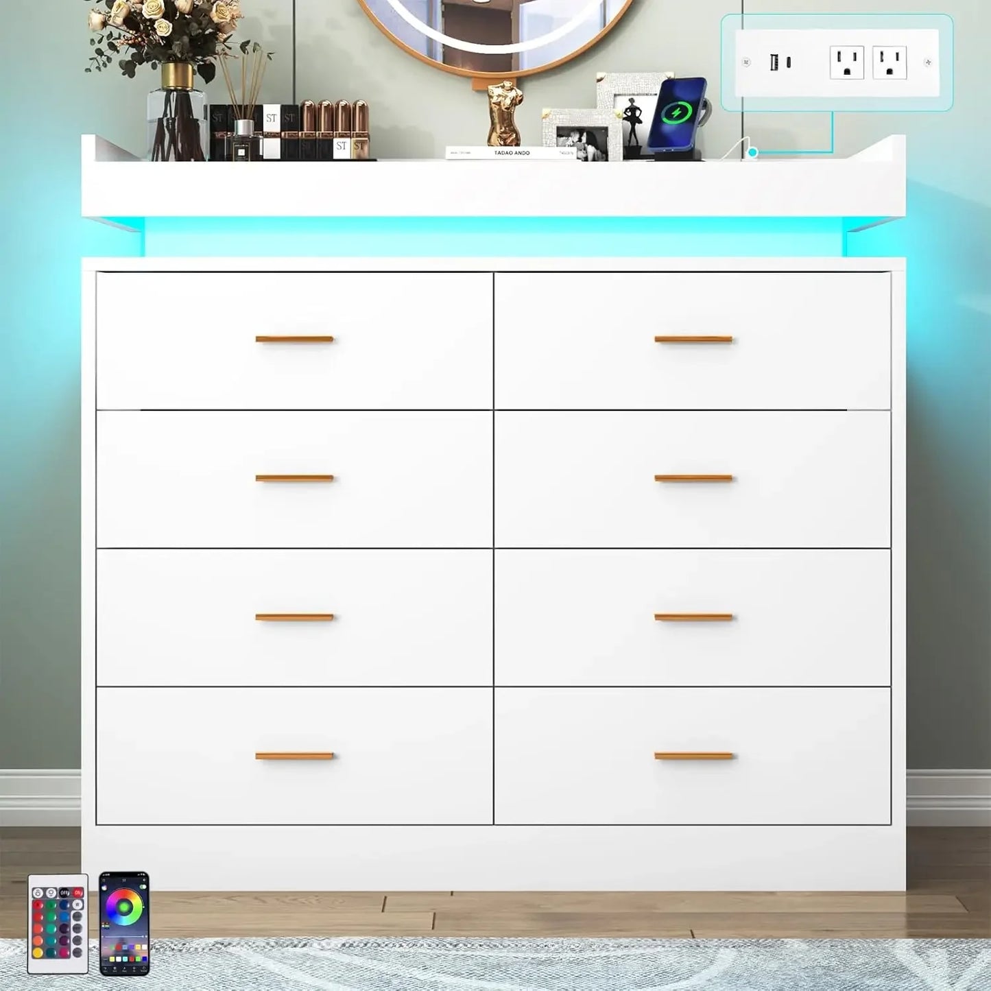 Drawer Dresser with LED Light and Charging Station