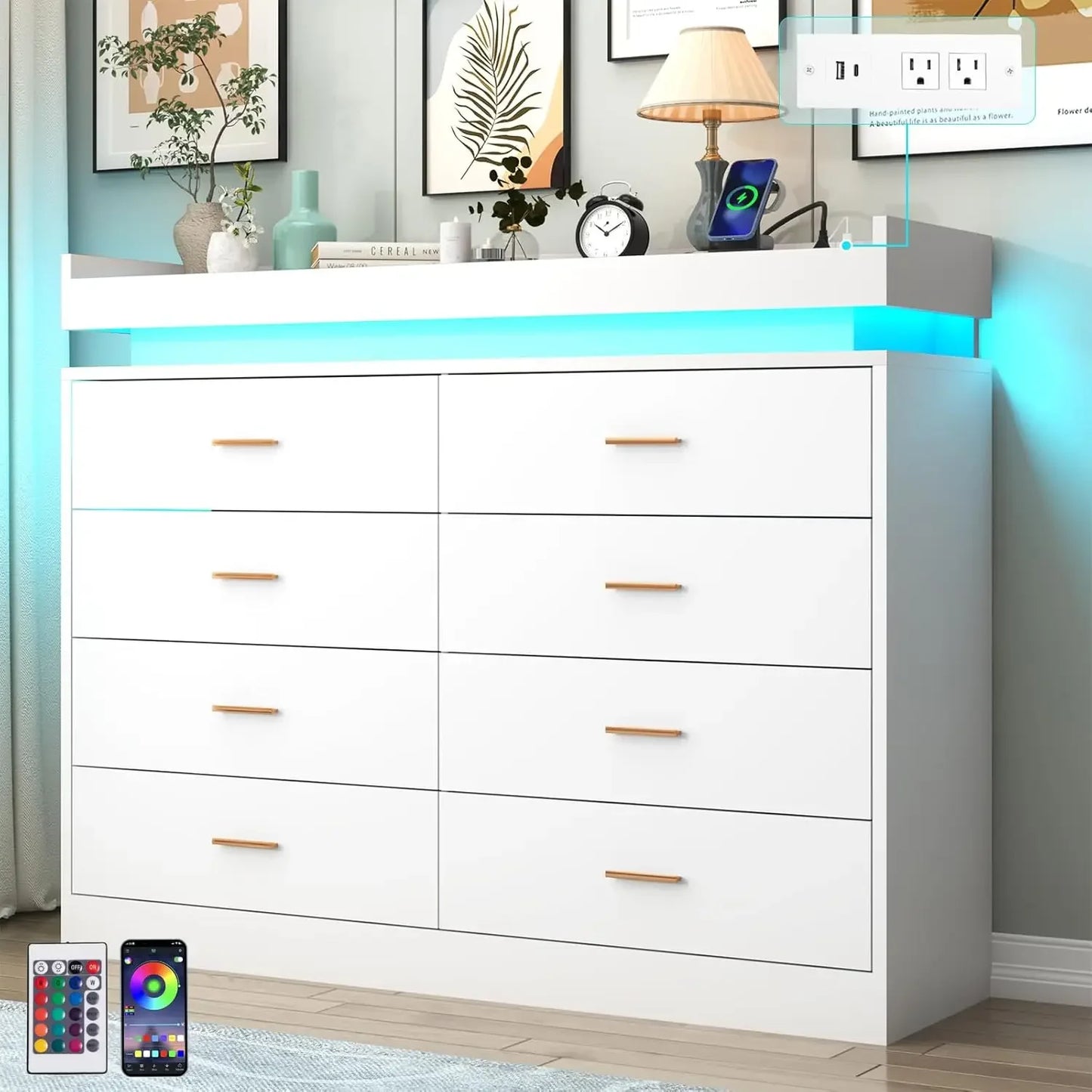 Drawer Dresser with LED Light and Charging Station