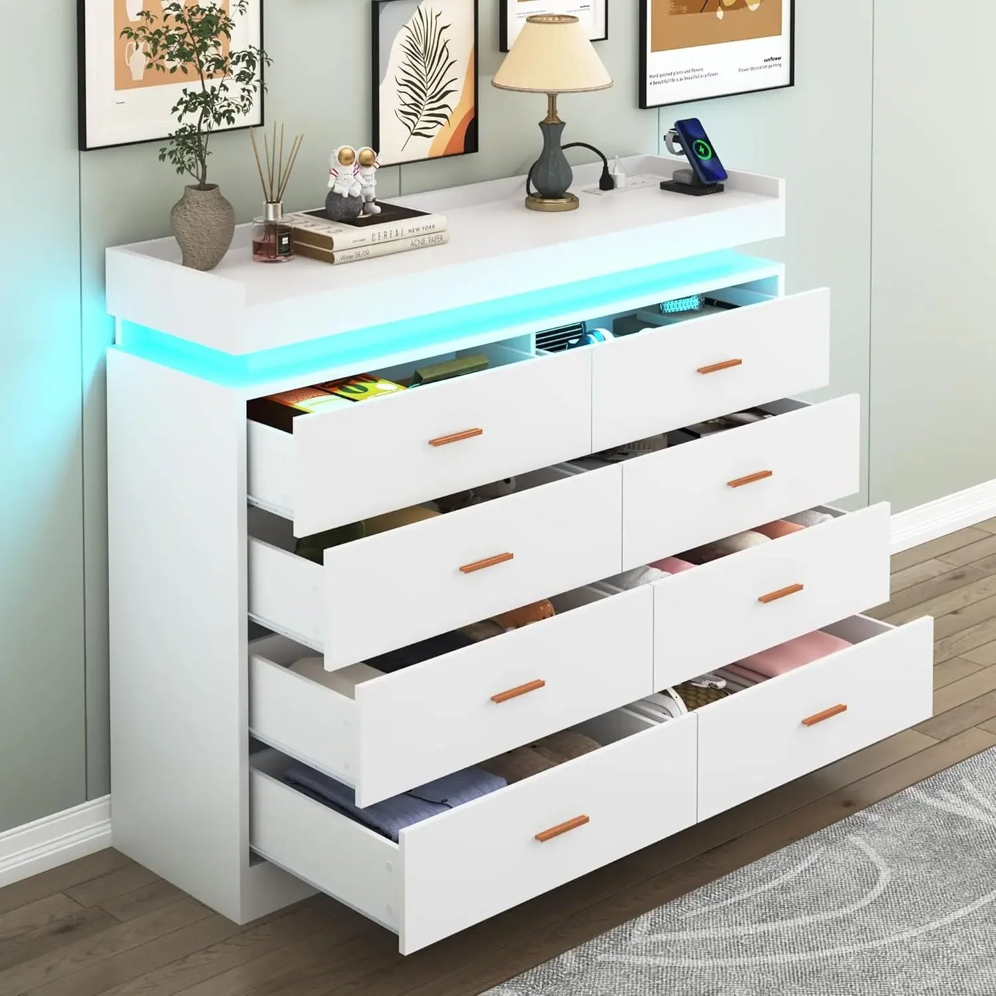 Drawer Dresser with LED Light and Charging Station