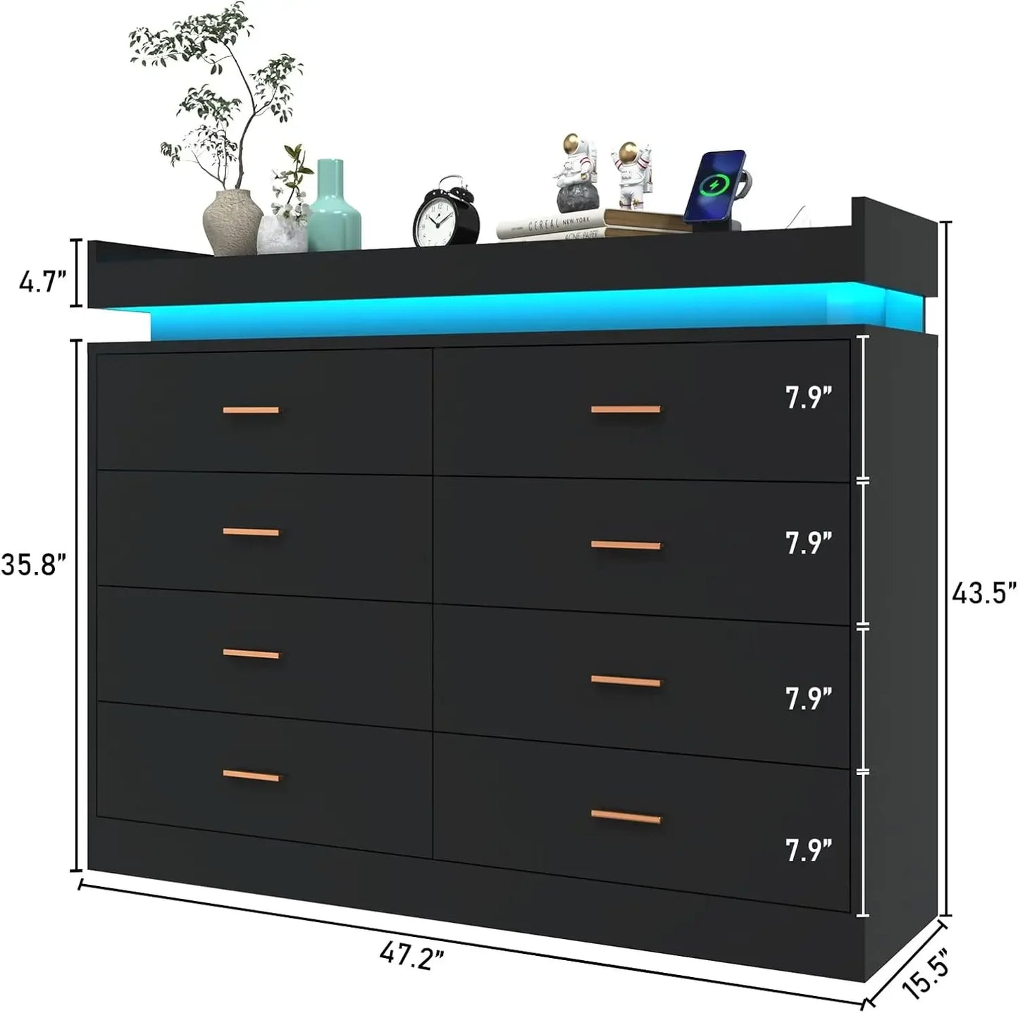 Drawer Dresser with LED Light and Charging Station