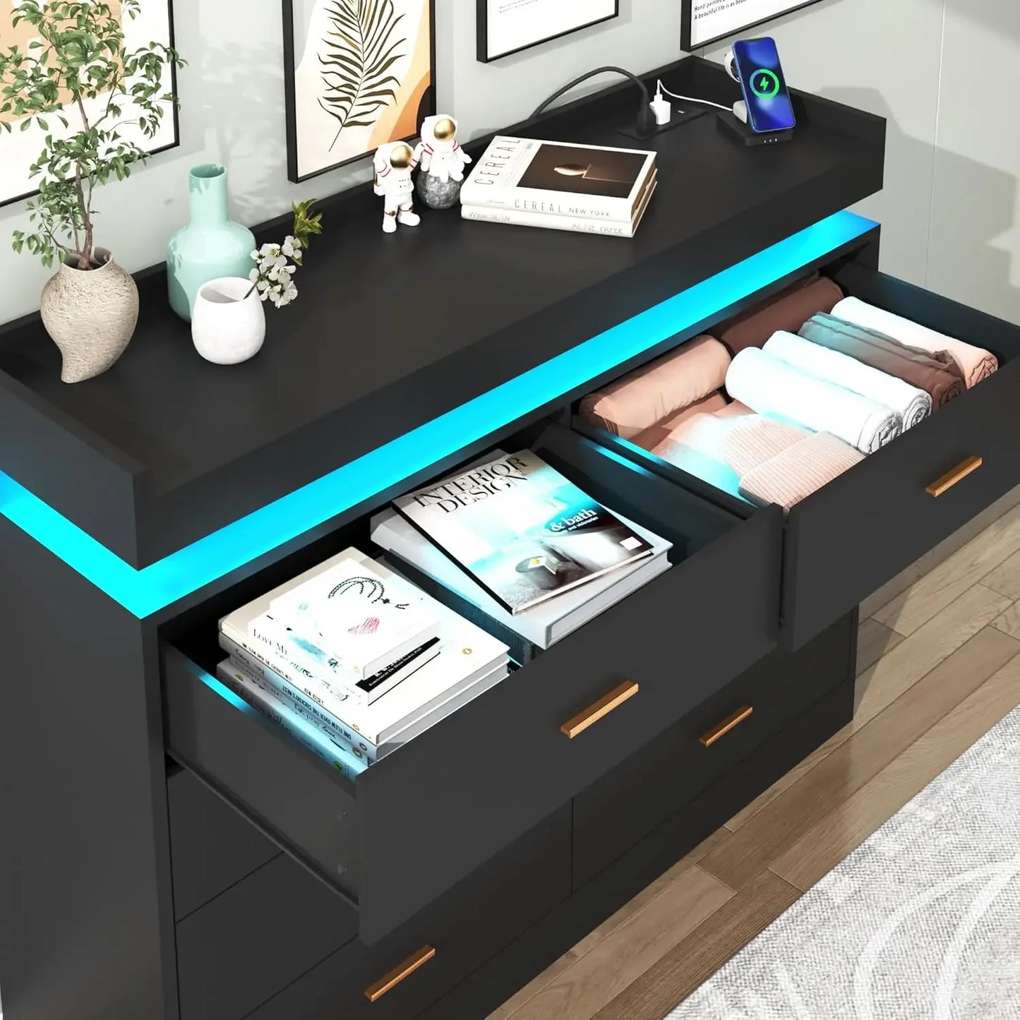 Drawer Dresser with LED Light and Charging Station