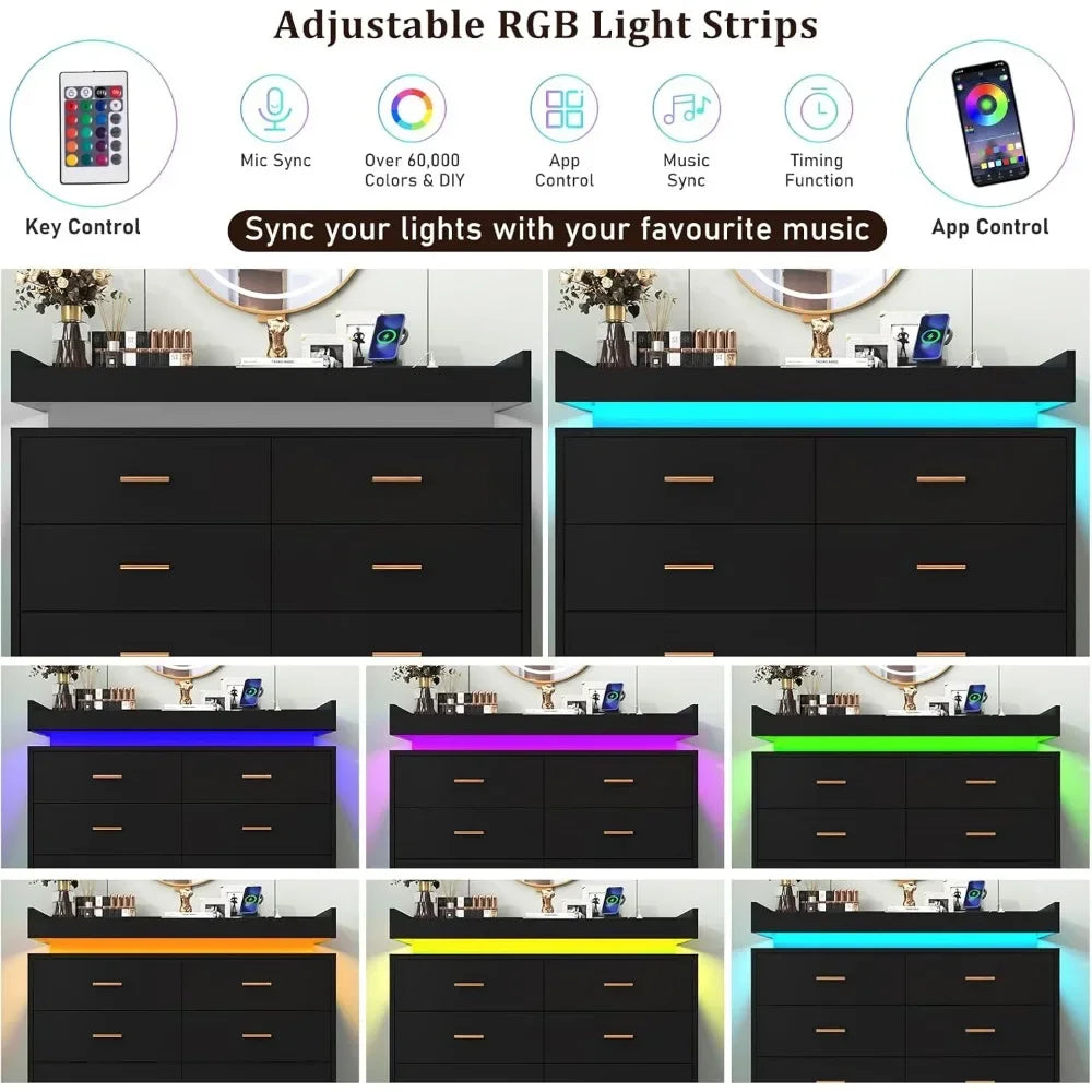 Drawer Dresser with LED Light and Charging Station