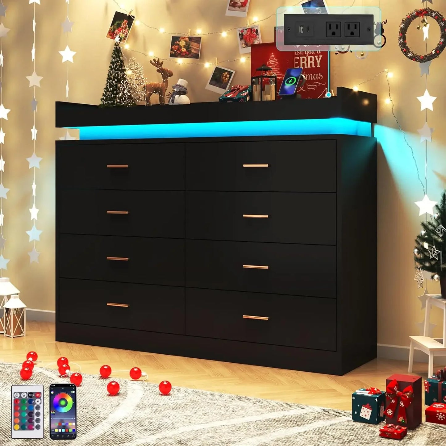 Drawer Dresser with LED Light and Charging Station