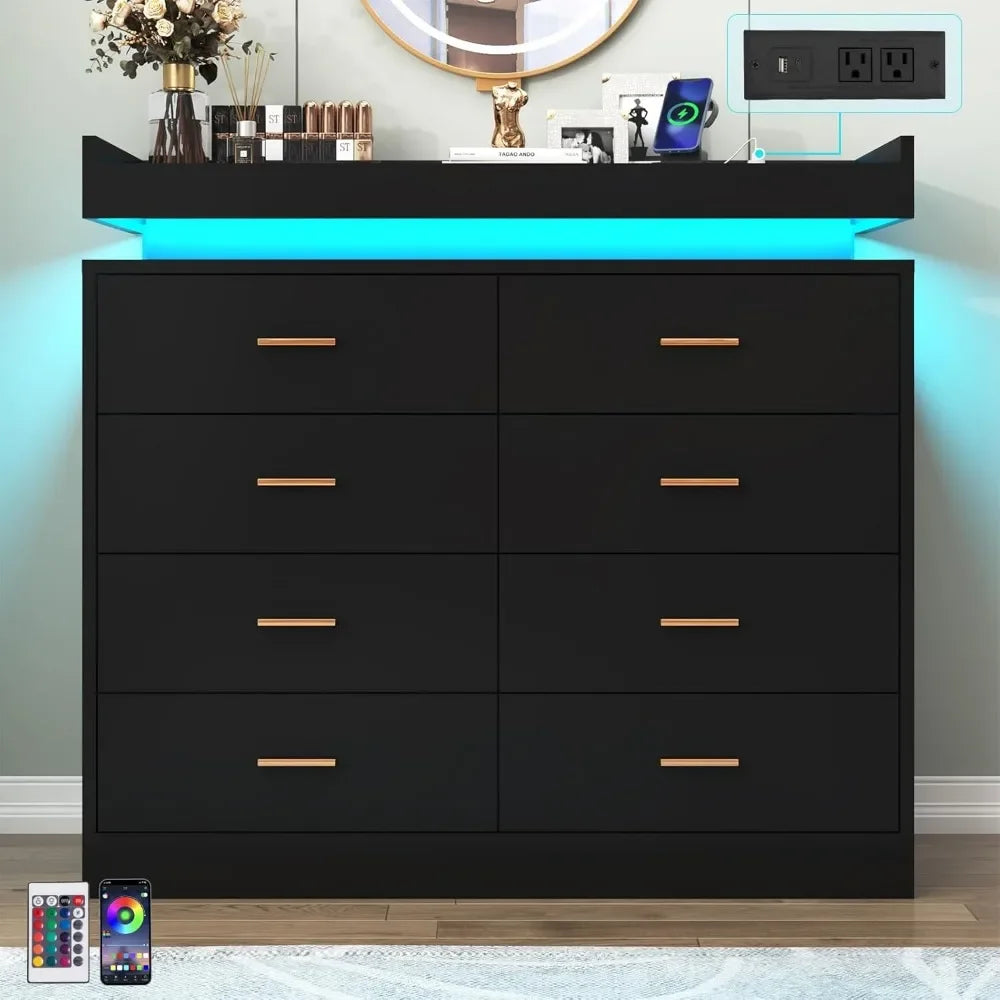 Drawer Dresser with LED Light and Charging Station