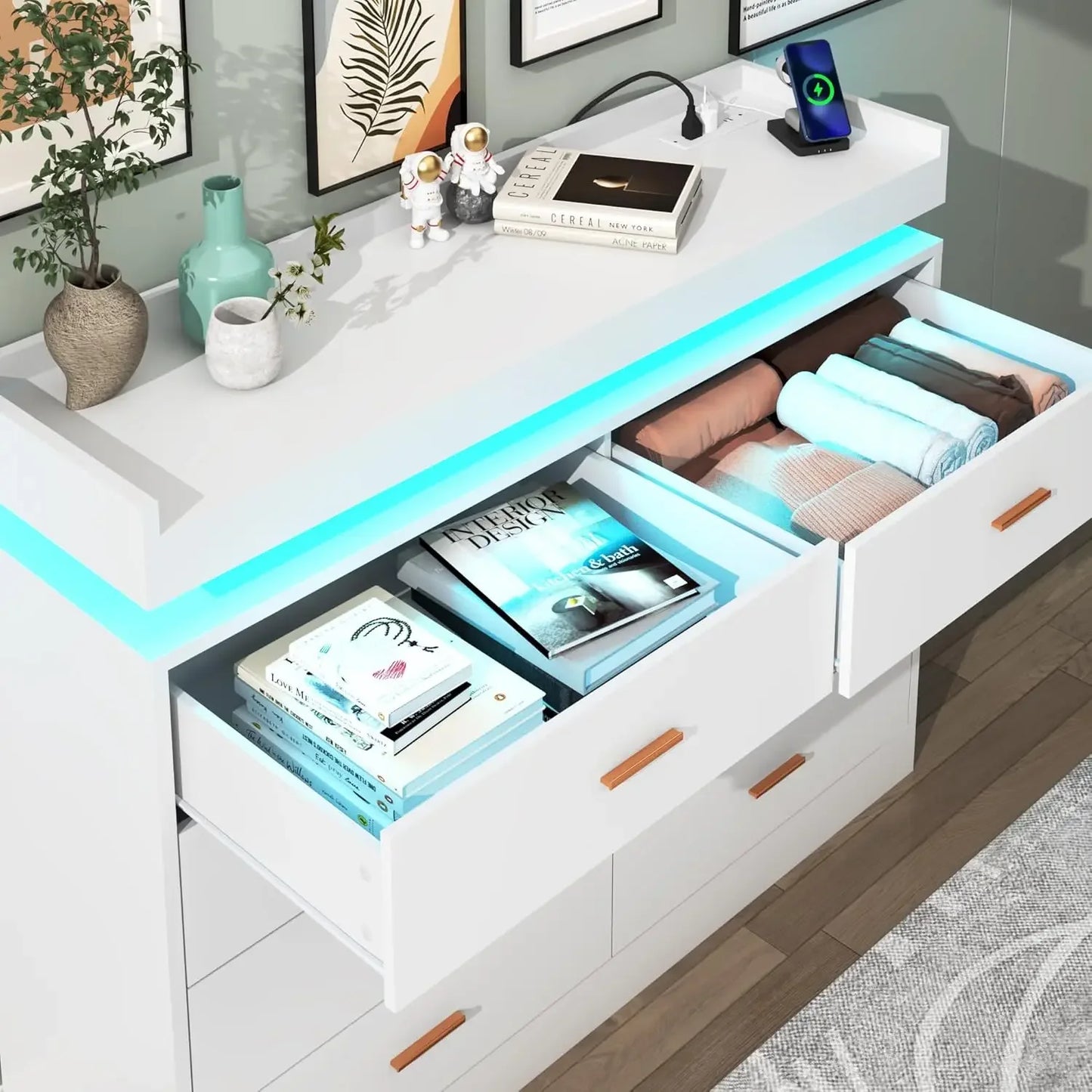 Drawer Dresser with LED Light and Charging Station